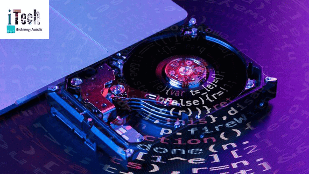 Hard drive with circuit board and code, data storage technology, IT support, solutions, cyber security, IT Australia.