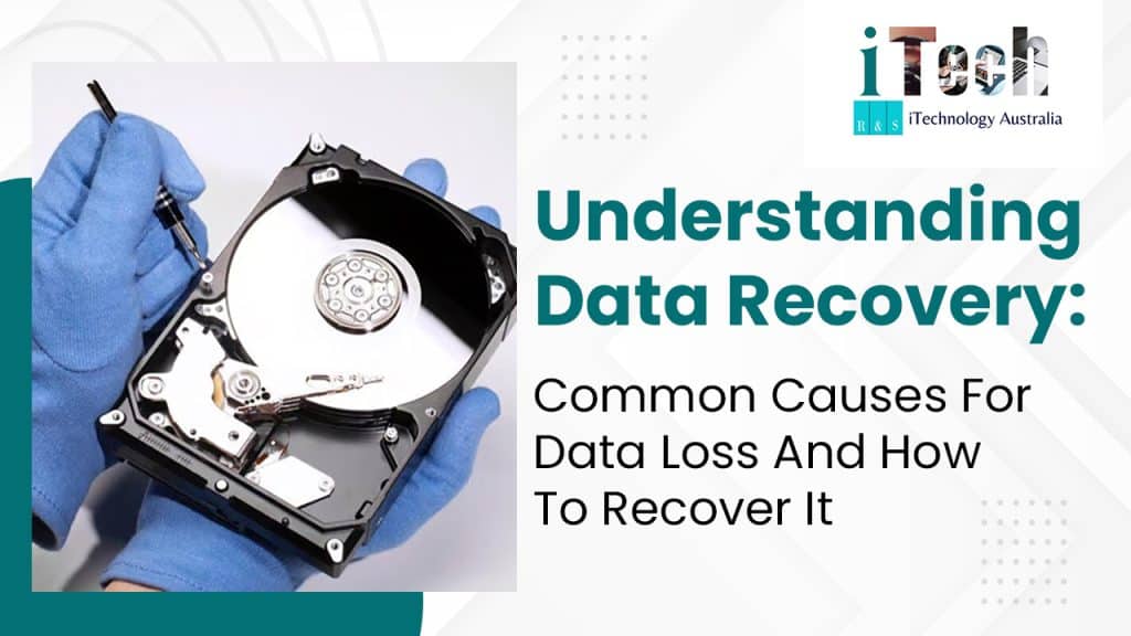 Hard drive with data recovery tools and technician working on data repair.