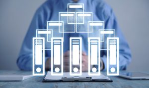 Digital data organization and server management illustration for IT technology services.