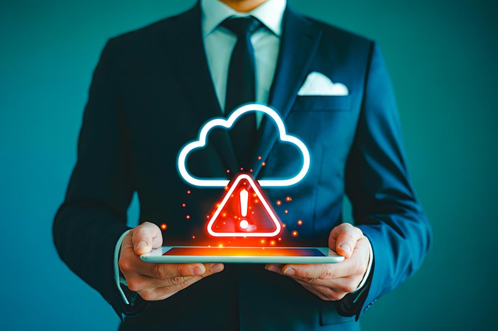 Cloud security alert with warning icon on smartphone, cybersecurity risk, technology safety, data protection.