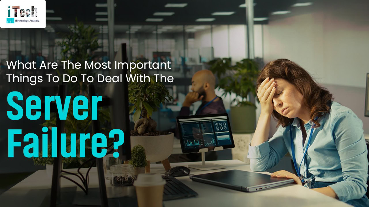 Frustrated woman experiencing server failure issues at work.