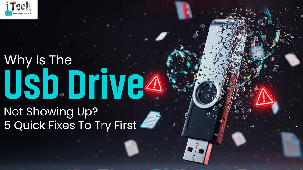 USB drive with water splash and warning icons, tech troubleshooting concept.