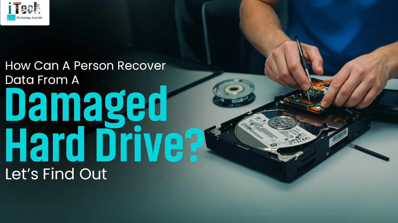 Person repairing a damaged hard drive with tools in a tech repair shop.