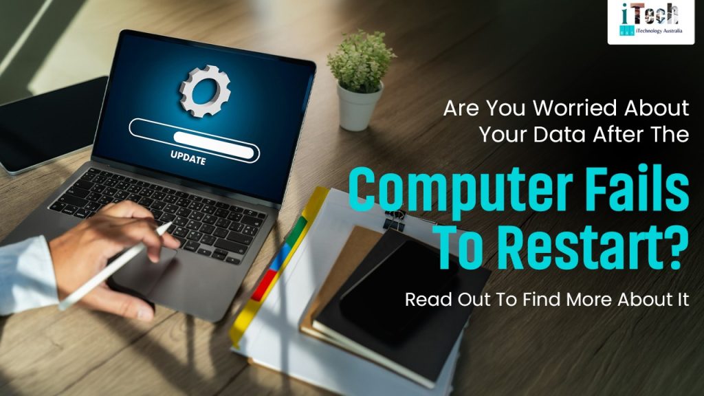 Laptop with update screen and tech tools on desk for IT support and data recovery.